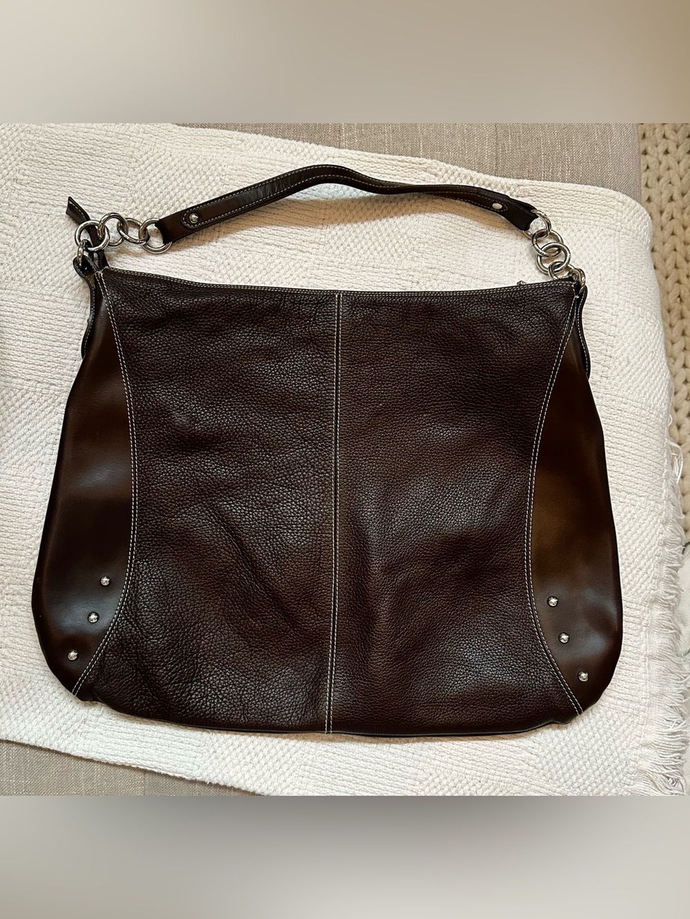 Furla Dark Brown Leather Shoulder Bag with Silver Hardware